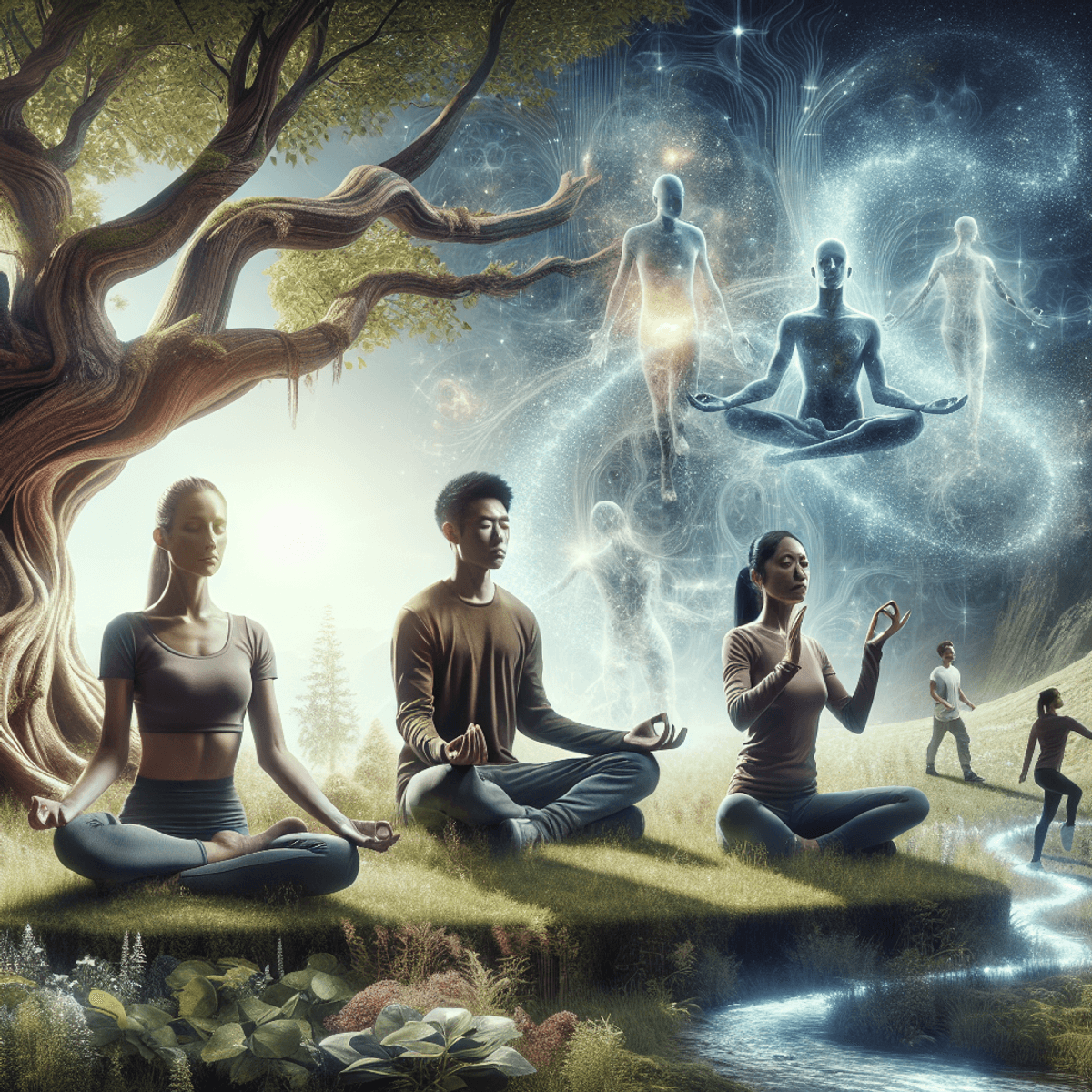 Age Restoration Reversing Life 8 A diverse group of young adults in a serene outdoor setting: a Caucasian female in a yoga pose, an Asian male meditating with closed eyes, and a Hispanic woman practicing deep breathing. They are surrounded by an ancient tree and a sparkling stream, symbolizing wisdom and wellness. The scene embodies a blend of traditional practices and modern rejuvenation concepts.