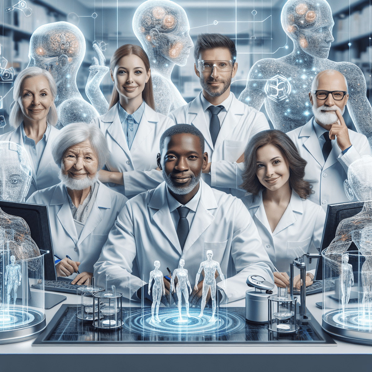 Age Restoration Reversing Life 4 A diverse group of scientists, including Caucasian and Hispanic professionals, collaborating in a modern laboratory filled with advanced research equipment and age restoration models, symbolizing unity in the pursuit of longevity.