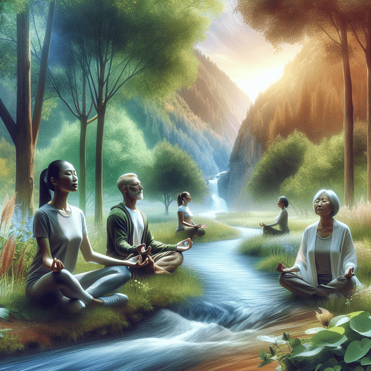 Age Restoration Reversing Life 7 A peaceful outdoor scene featuring a Caucasian woman in a yoga pose, an Asian man meditating with eyes closed, and a Hispanic woman taking deep breaths, all exuding tranquility. They are surrounded by lush green trees, a gently flowing stream, and a soft blue sky with wispy clouds, creating an atmosphere of holistic wellness and serenity.