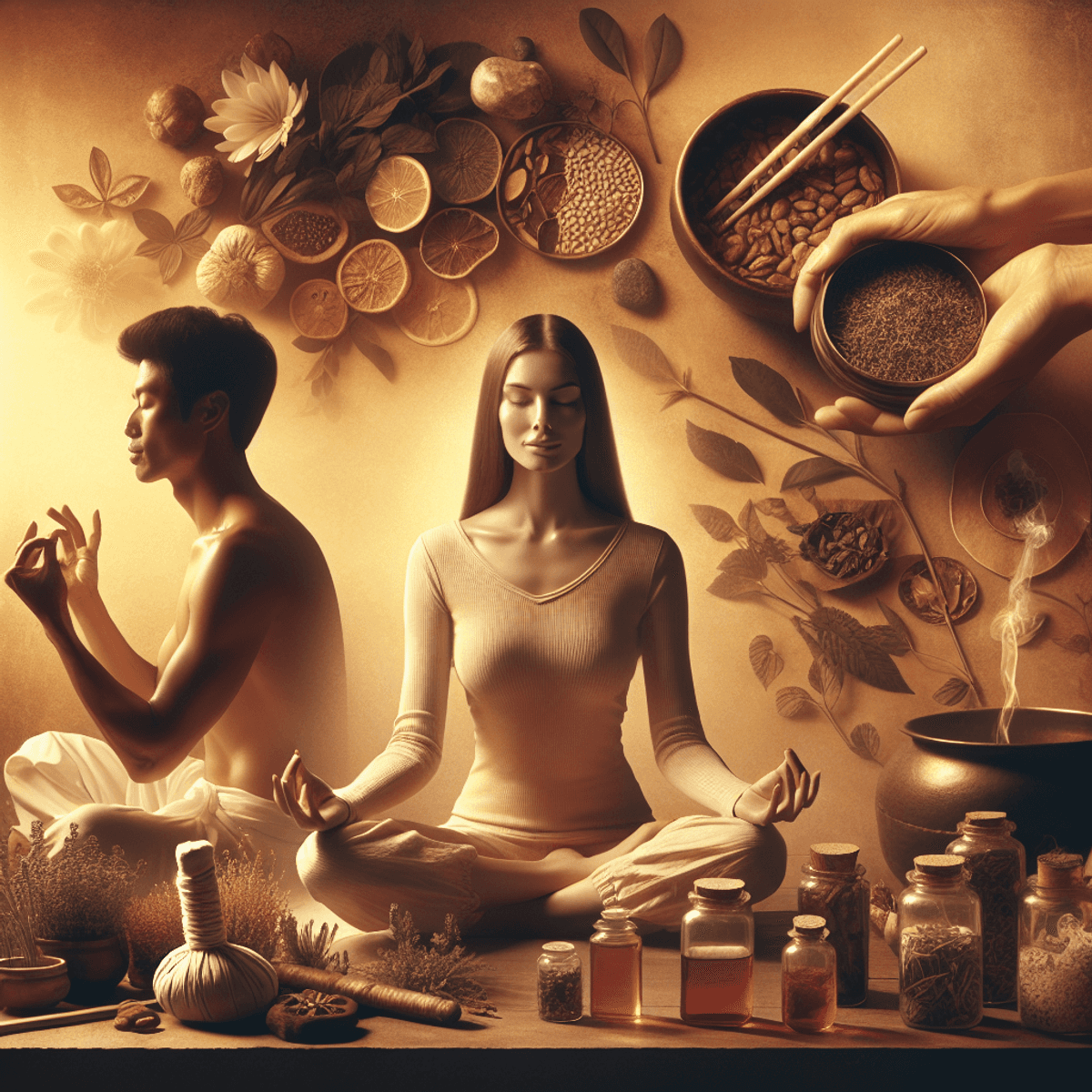 Age Restoration Reversing Life 3 A serene Ayurvedic wellness environment featuring a Caucasian woman meditating peacefully, an Asian man receiving an herbal treatment that suggests rejuvenation, and a Hispanic woman preparing natural remedies with various medicinal plants. The setting is warm and inviting, exuding tranquility and harmony.