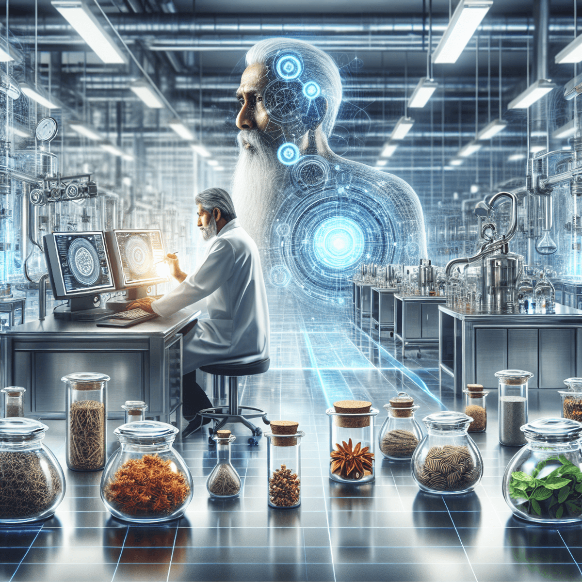 Age Restoration Reversing Life 6 A South Asian scientist, focused and energetic, stands amidst a sleek, modern laboratory filled with stainless steel equipment and glowing monitors. The lab features an array of ancient Ayurvedic herbs displayed in clear glass containers, showcasing a harmonious blend of traditional wisdom and cutting-edge technology. The atmosphere is vibrant with activity, as the scientist interacts with high-tech devices while surrounded by the rich colors and textures of the herbs, symbolizing the theme of age restoration through the fusion of ancient practices and modern science.