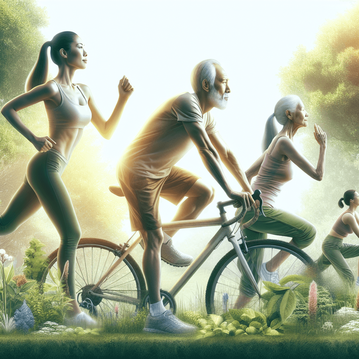 Age Restoration Reversing Life 5 A Caucasian woman jogging, an Asian man cycling, and a Hispanic woman practicing yoga outdoors in a lush green environment, illuminated by soft sunlight, conveying themes of health and vitality.