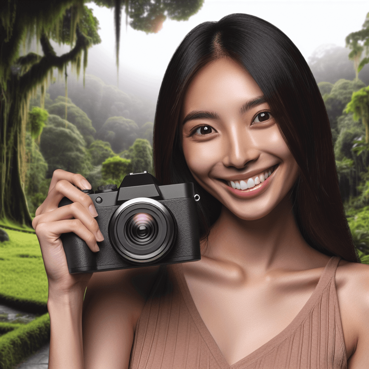 A young Asian woman with a bright smile is holding a sleek black digital camera, standing in a vibrant outdoor setting filled with lush greenery and colorful flowers. The sunlight filters through the leaves, highlighting her excitement and passion for photography as she prepares to capture the beauty around her.