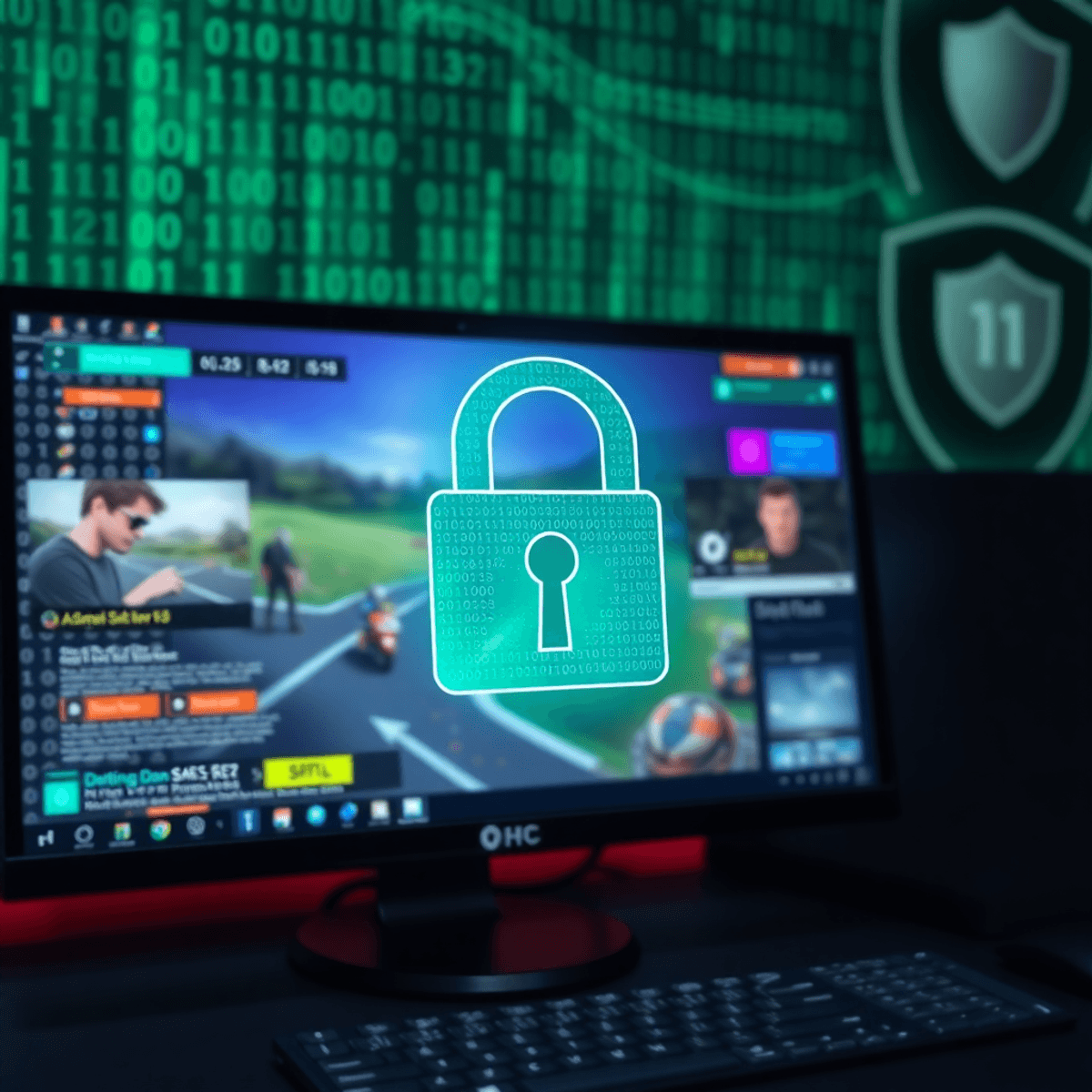 Hệ thống bảo mật số 1 tại Maxvin có an toàn không? Màn hình máy tính hiển thị đồ họa trò chơi sống động, được phủ bởi biểu tượng khóa kỹ thuật số, xung quanh là mã nhị phân và biểu tượng khiên, làm nổi bật an ninh mạng trong trò chơi trực tuyến.