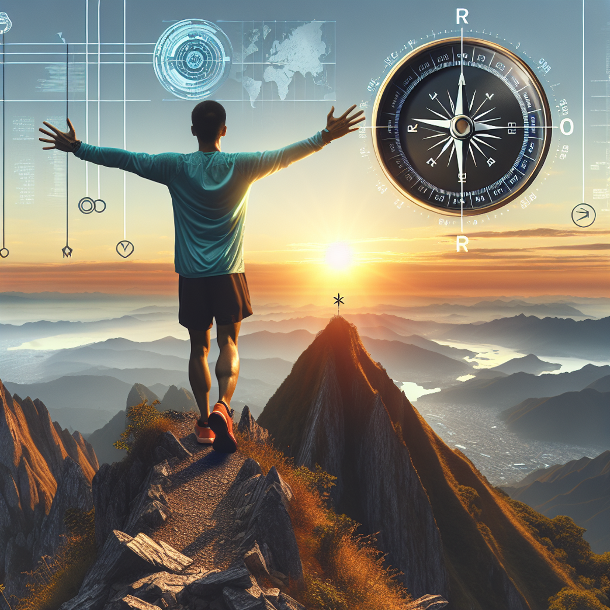 A Southeast Asian man in running gear stands on a mountain peak with arms spread wide, facing the rising sun. The vista below shows a challenging trail. A compass and the sunrise suggest new possibilities.