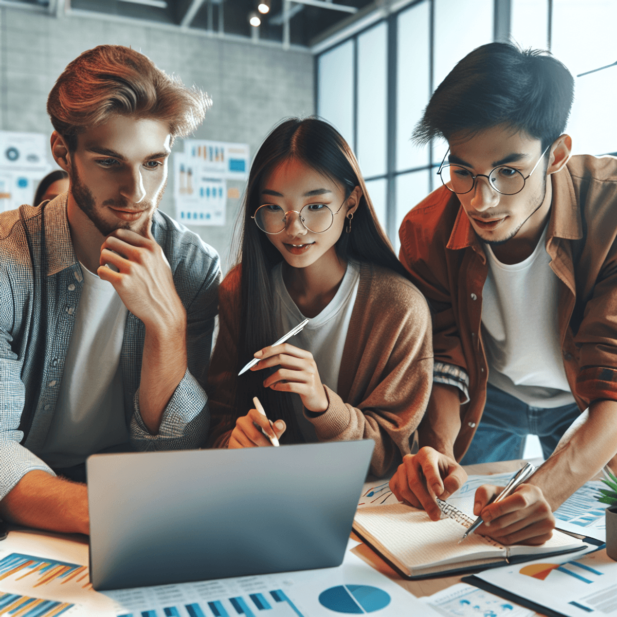 A mixed group of young adults engaged in a financial education discussion, featuring a Caucasian male focused on his laptop, an Asian female pointing to a financial chart with an expression of realization, and a Hispanic male taking notes in a notebook. The bright and welcoming environment is filled with various financial charts and laptops, creating a contemporary learning atmosphere that conveys a positive vibe of collaboration.