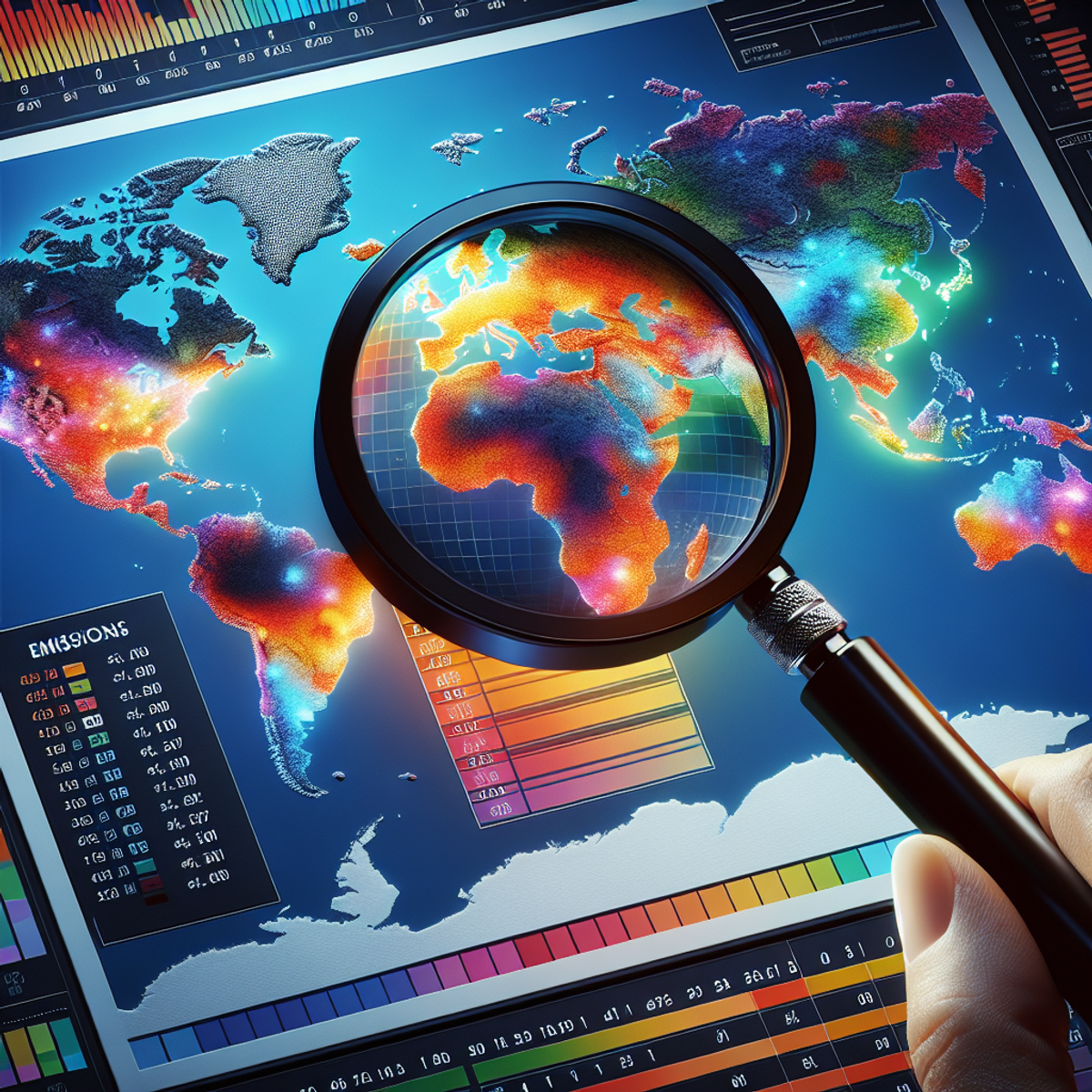 A magnifying glass hovering over a colorful world map, highlighting variations in emissions data across geographical regions through varying color hues.