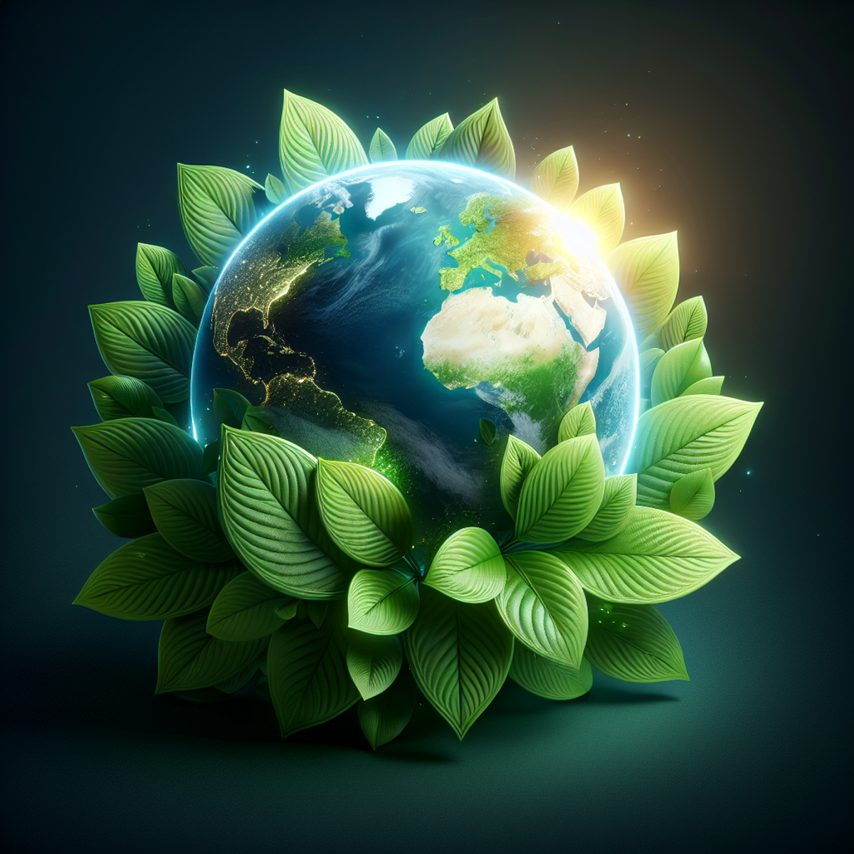 A glowing globe cradled by green leaves.