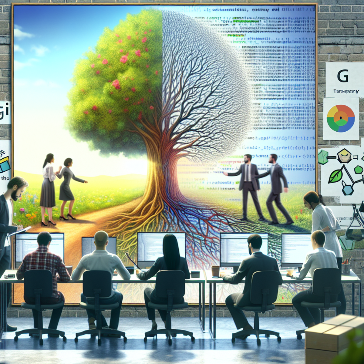 A diverse group of researchers collaborating on a computer with a poster of a branching tree in the background.