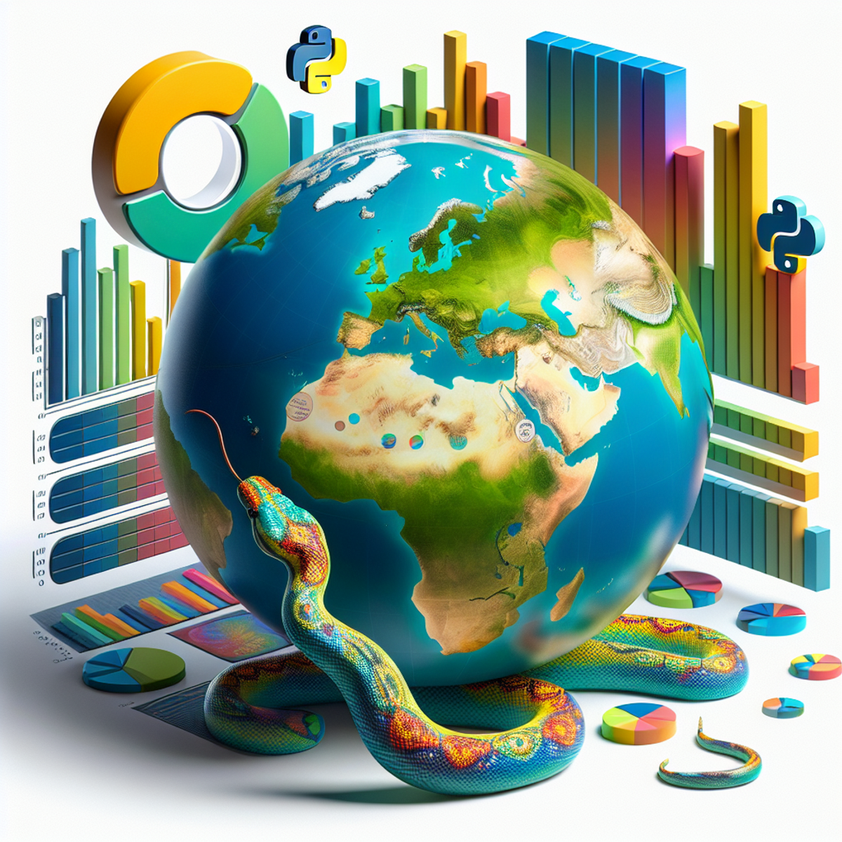 A globe surrounded by colorful data visualizations and a python snake.