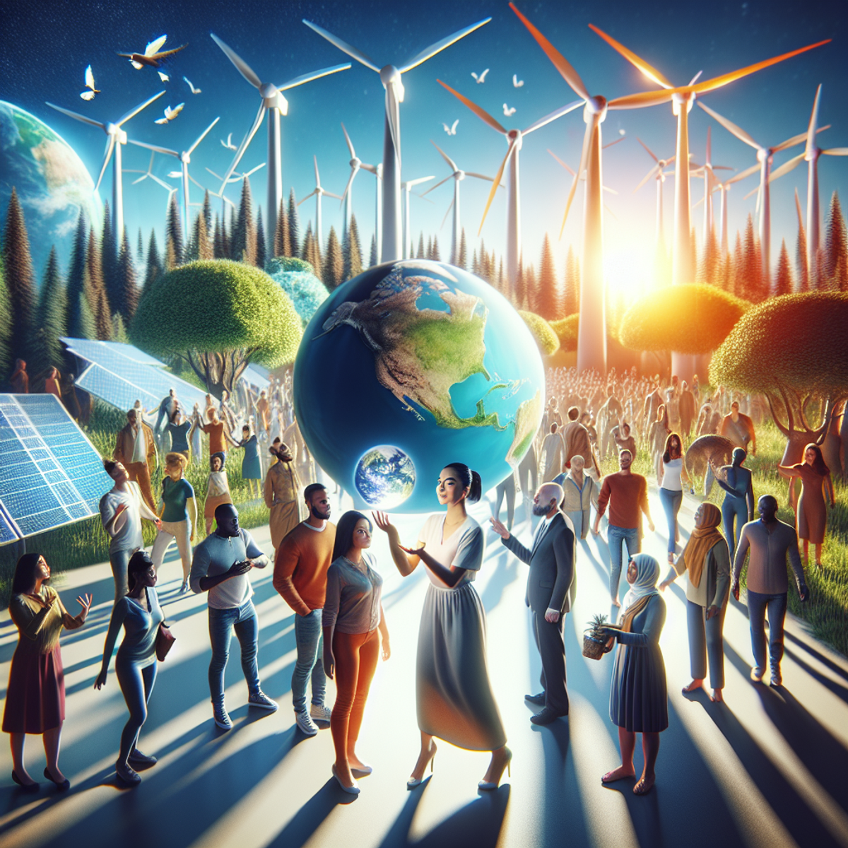 A diverse group of individuals engaging with climate change, with an Hispanic woman holding a globe in the foreground and renewable energy sources in the background.