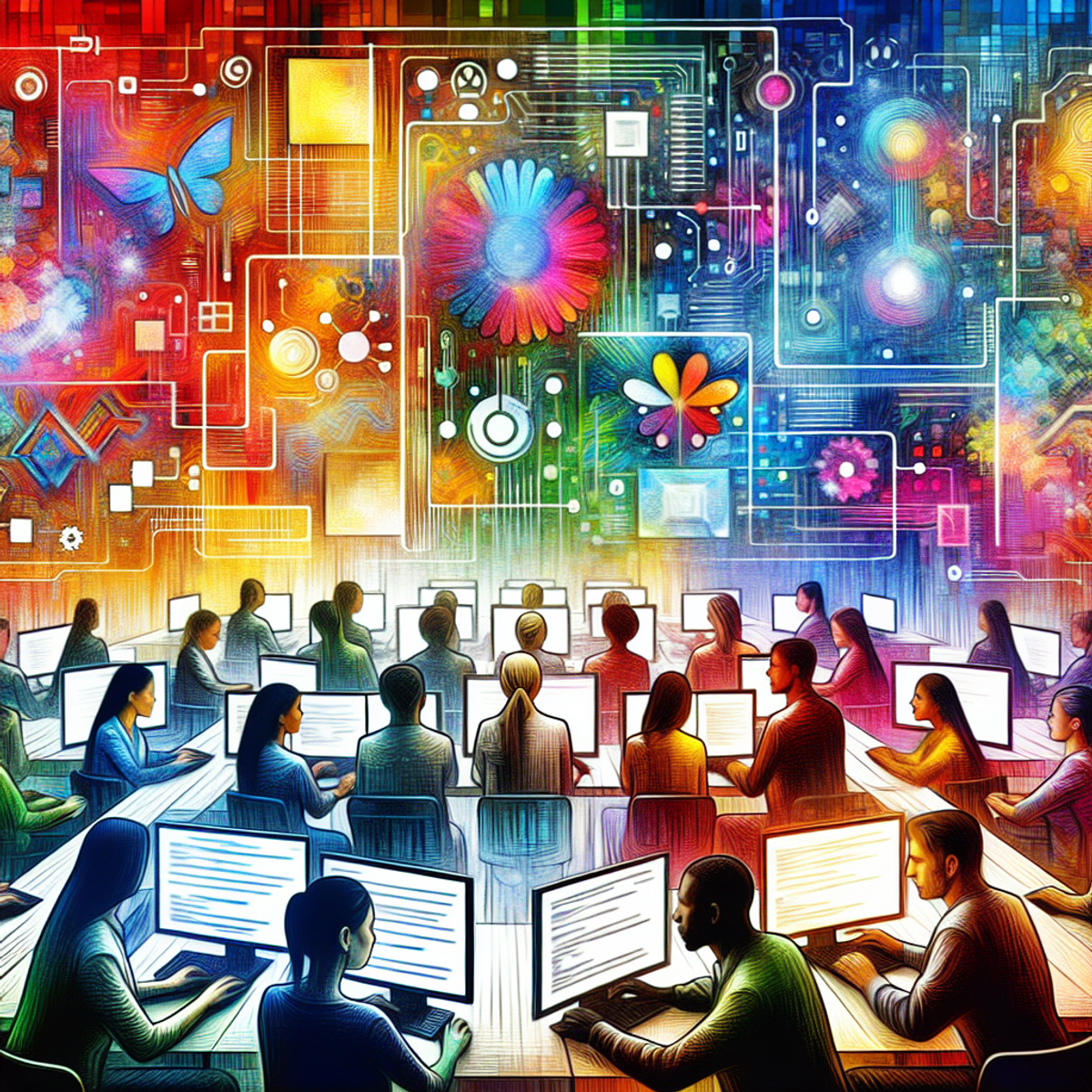 A diverse group of people collaborating in front of computer screens with abstract digital codebase visualizations.