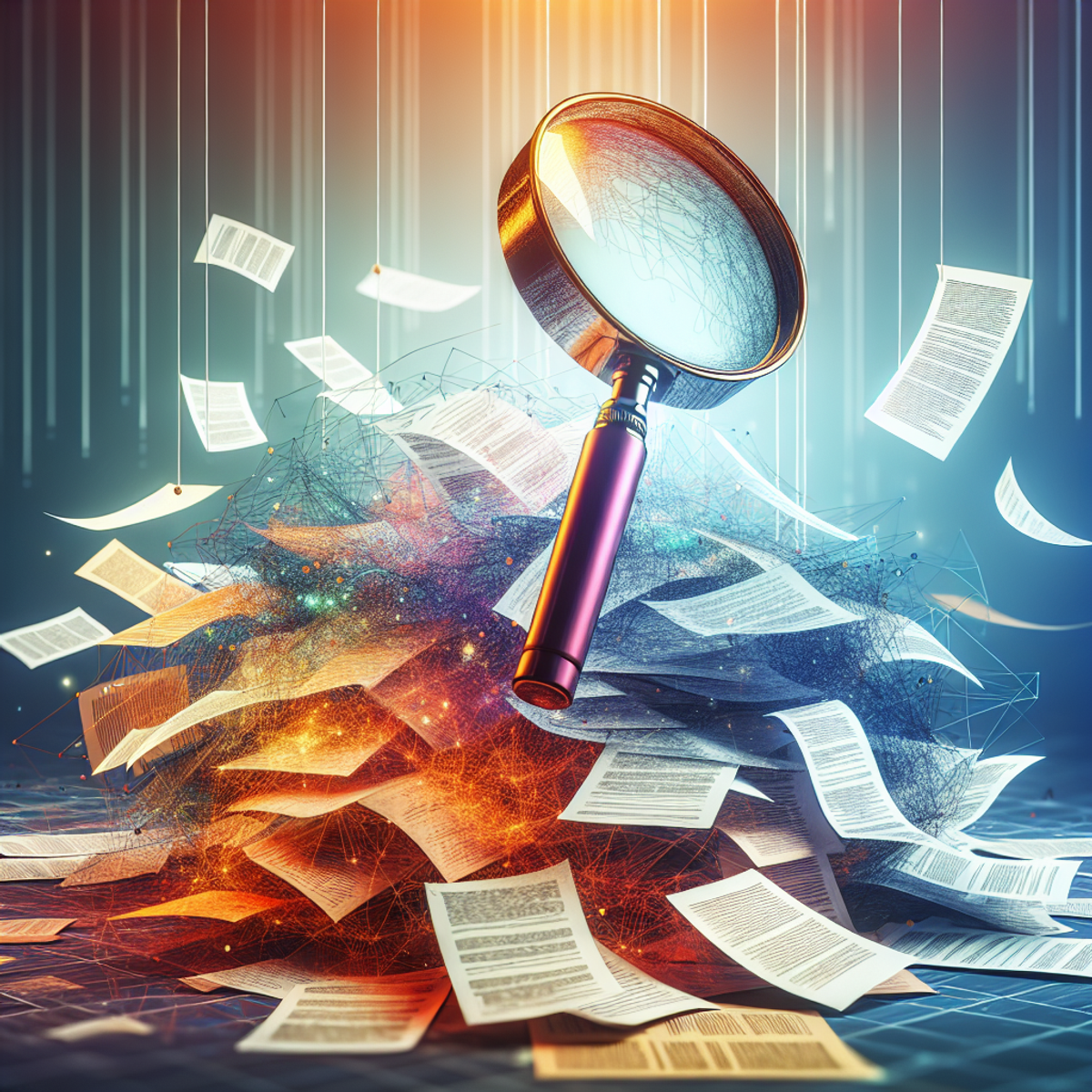 A magnifying glass hovering over a pile of papers, representing scrutiny and analysis in project management.