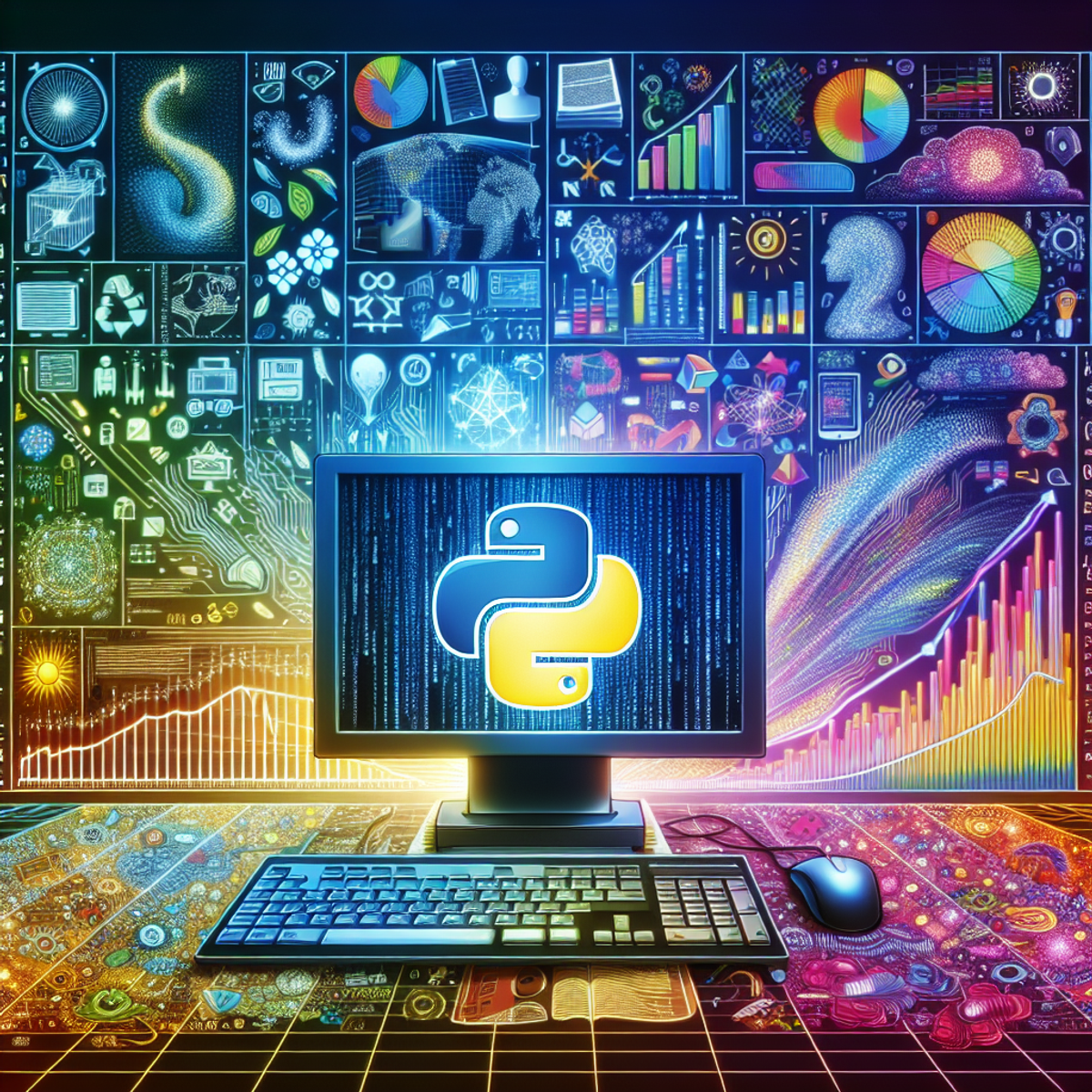 A computer screen filled with Python programming icons against a backdrop of colorful charts and graphs representing climate finance trends.