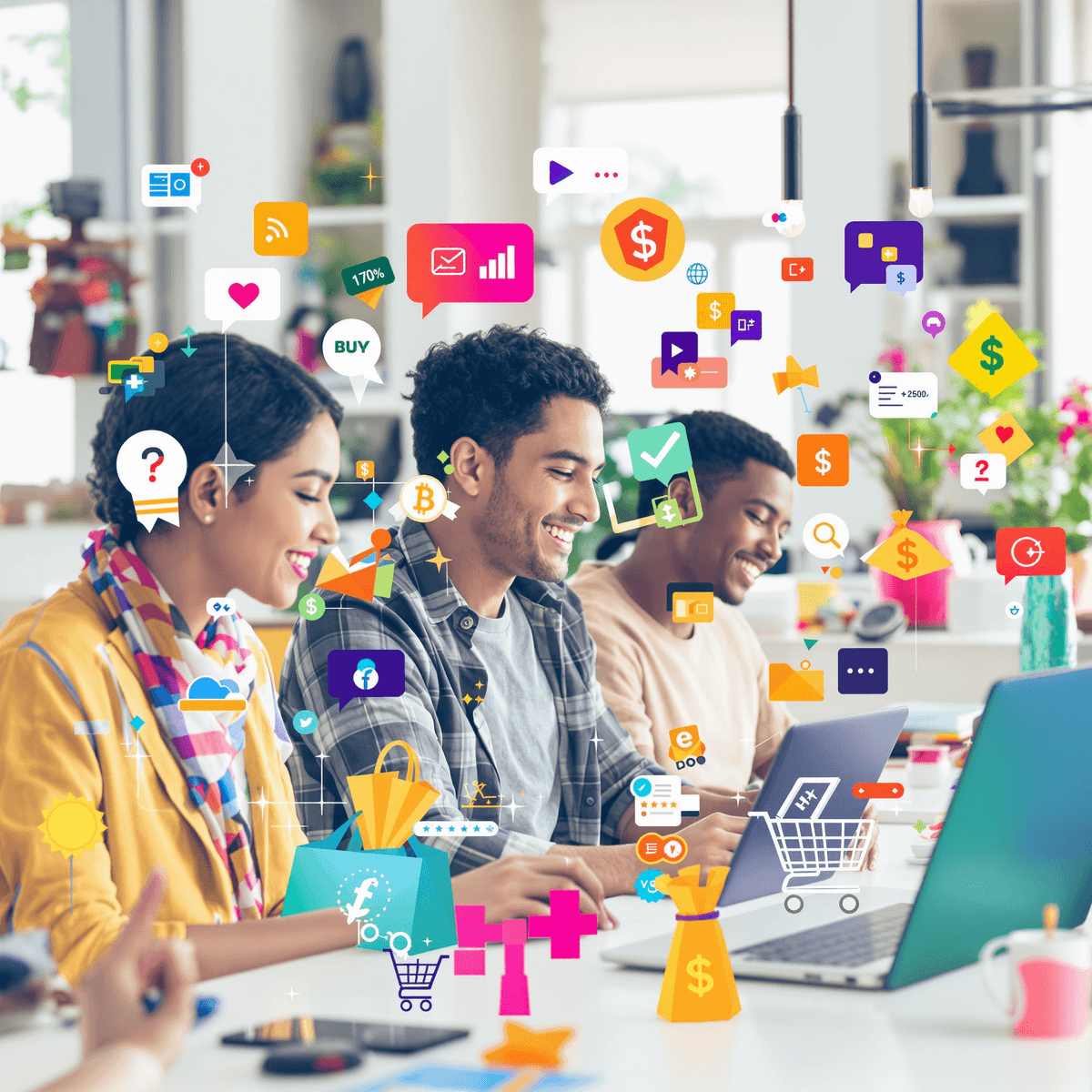 best ways to make money online in 2025 A diverse group of people working on laptops in a bright, modern environment filled with digital devices, e-commerce icons, and symbols of online business, representing innovation in 2025.