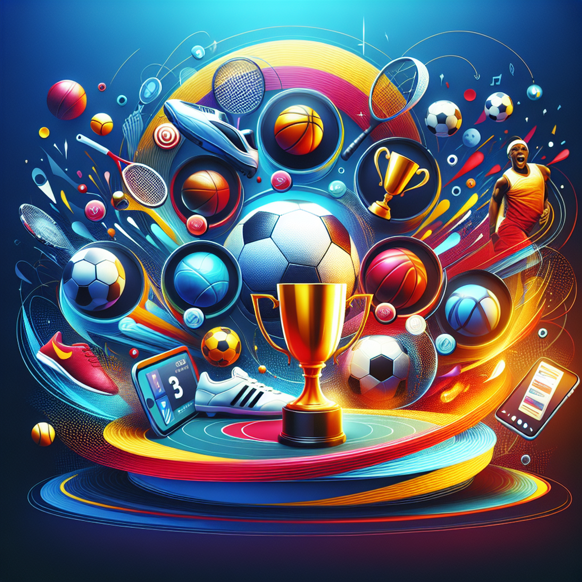 A vibrant, action-packed sports website featuring thumbnails of soccer, basketball, tennis, and running activities. Shiny trophies symbolize triumph and success. Color-coded symbols represent different sections of the website: a soccer ball for football news, a stopwatch for latest results, and a microphone for podcasts and interviews. The background has a sleek design with abstract shapes, rich colors, and smooth transitions.