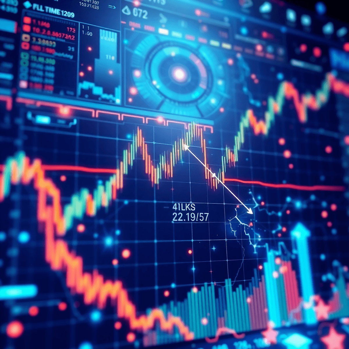 未来的なデジタルトレーディングインターフェースが、暗号通貨のグラフ、光り輝くデータストリーム、抽象的なアルゴリズムの表現を表示し、高度な技術と革新を強調しています。