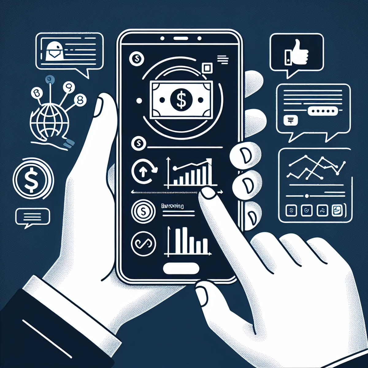 A person's hand holding a smartphone with a financial application open, displaying currency symbols, graph trends, and a thumbs-up symbol.