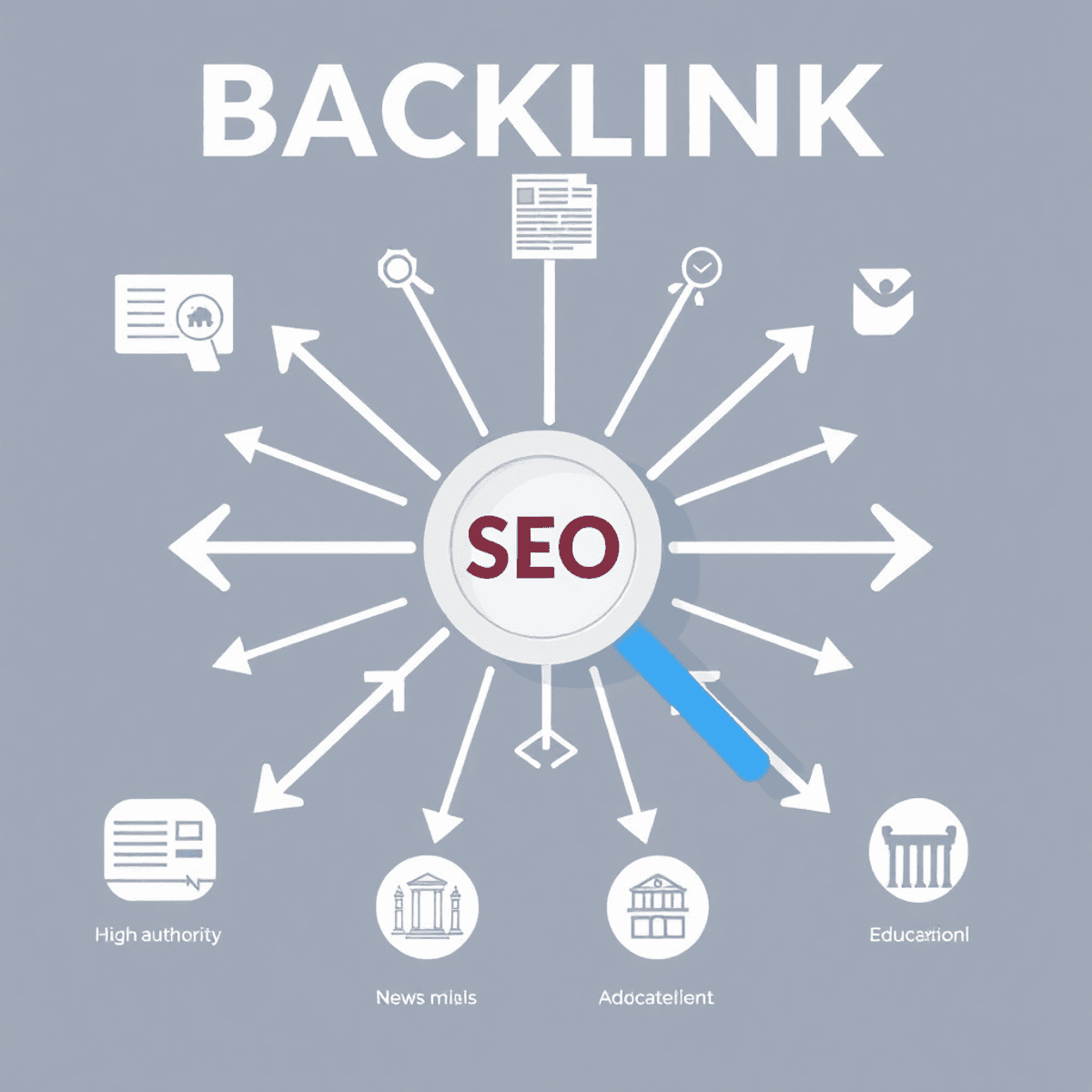 A graphic illustrating backlinks in SEO, with interconnected arrows, a magnifying glass, and icons of high-authority websites, all in a modern and professional design.