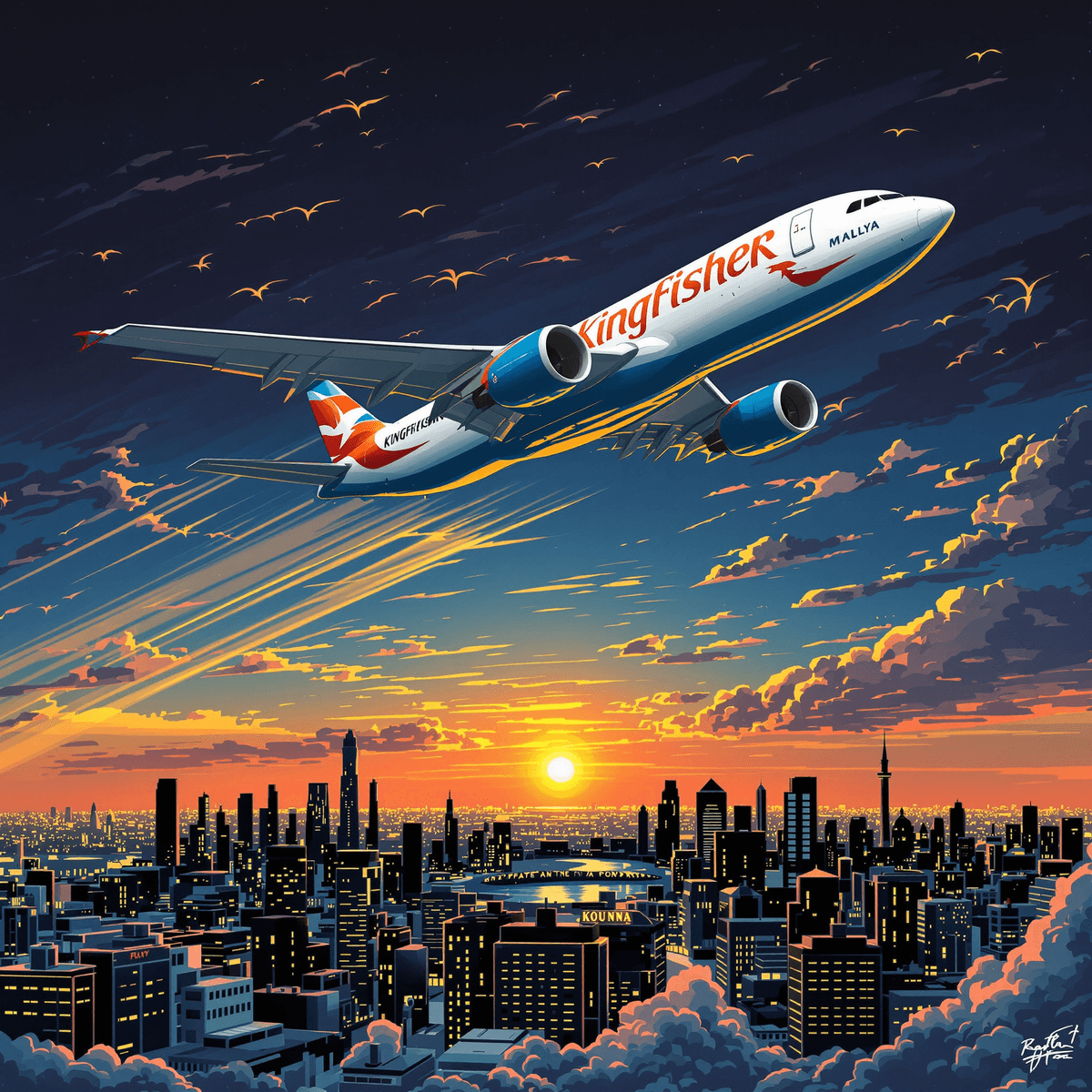 किंगफिशर विमान सूर्यास्त के समय एक भारतीय शहर के क्षितिज पर उड़ रहा है, जिसमें व्यावसायिक और राजनीतिक प्रतीकों के साथ एक यथार्थवादी शैली में।