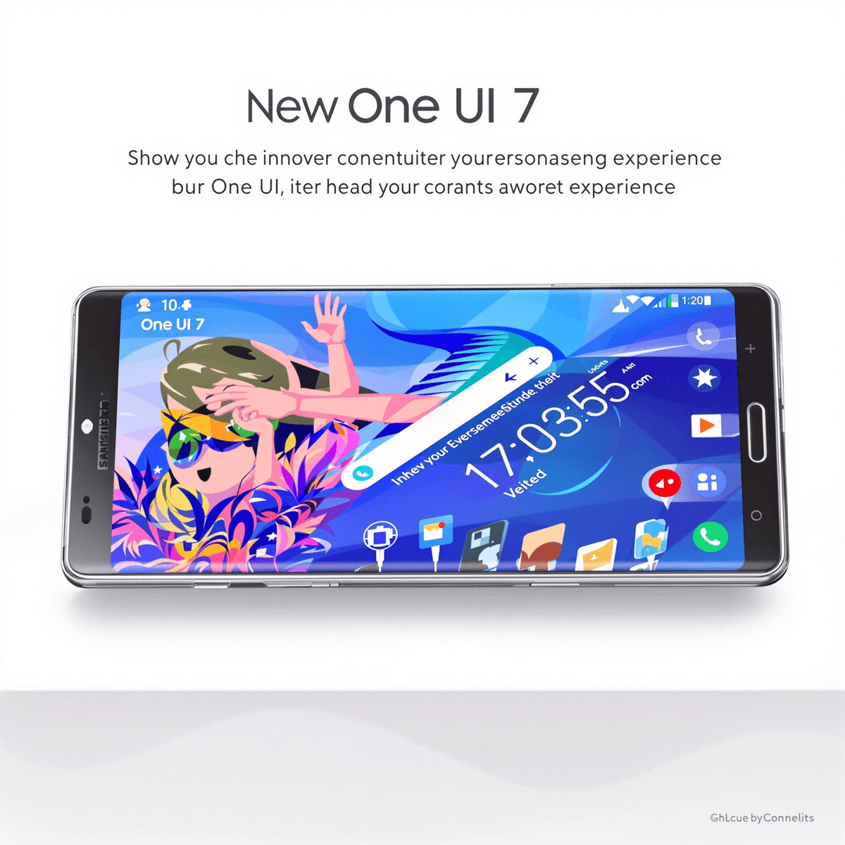 A sleek smartphone showcasing the One UI 7 interface with vibrant icons on a clean background, emphasizing innovation and user-friendliness.