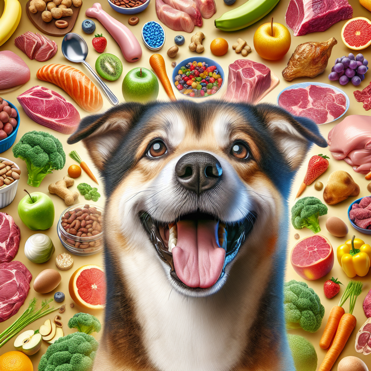 A happy dog surrounded by a variety of nutritious foods.