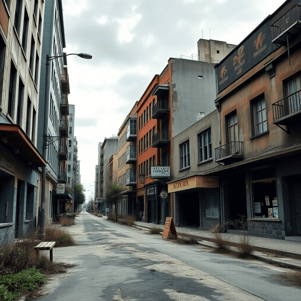 A deserted city street lined with abandoned buildings, overgrown weeds, and faded signs, evoking a sense of neglect and decay, symbolizing outdated web content.