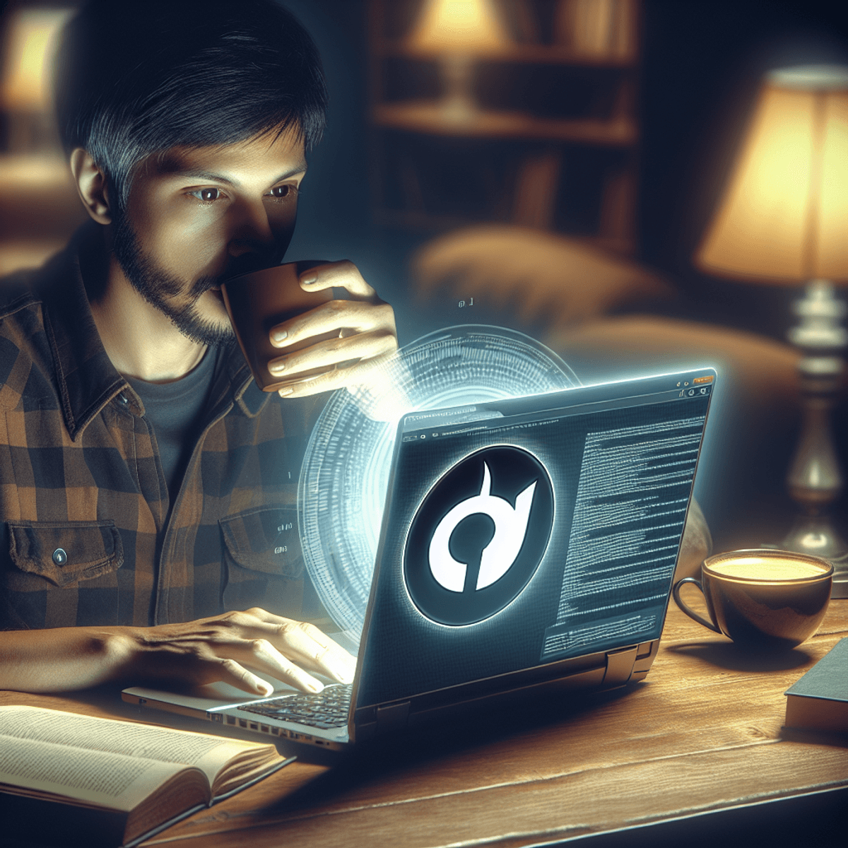 A Hispanic individual intently gazes at a laptop screen displaying the Tor logo, surrounded by a cozy, dimly lit room. The warm ambiance is complemented by a steaming cup of coffee and a stack of books nearby, emphasizing a sense of comfort and deep concentration on online privacy and anonymity.