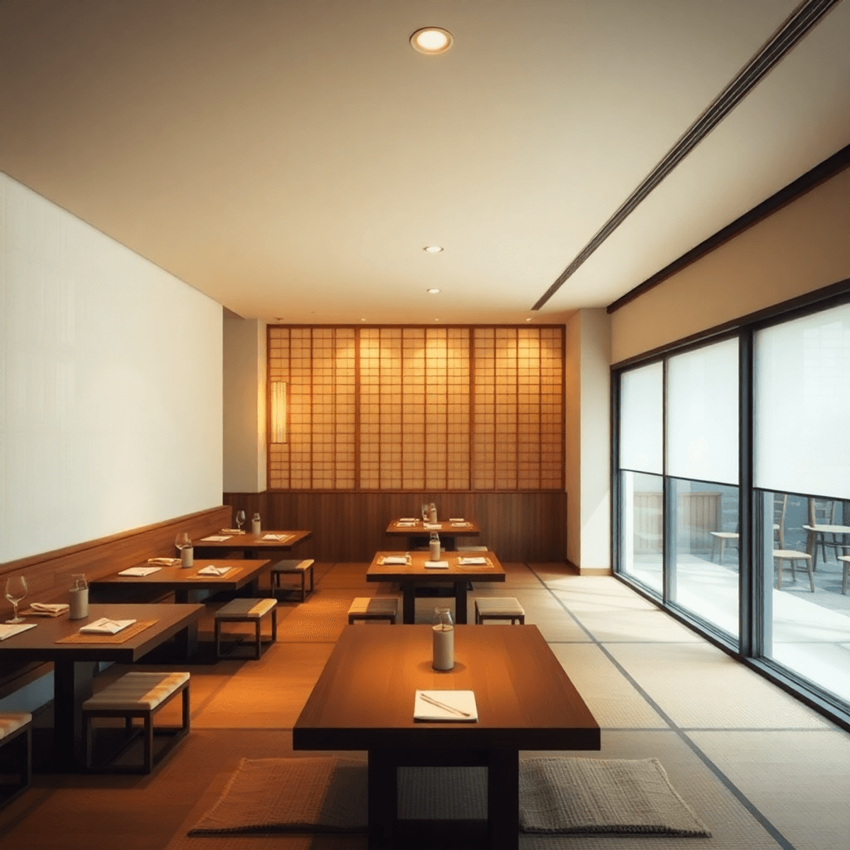 A serene Japanese restaurant interior showcasing minimalist design, natural wood and bamboo elements, tatami mats, and a calming neutral color palette.