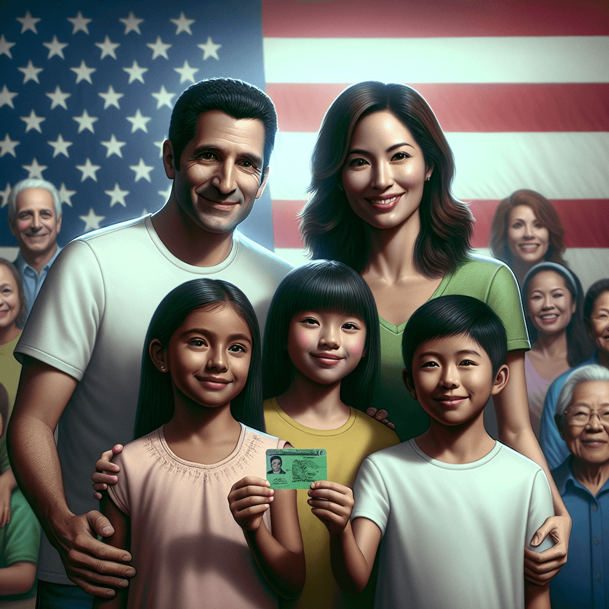 A diverse group of individuals, including a Hispanic family with a father, mother, and two children, along with a young East Asian woman, are smiling warmly as they hold a green card. The background subtly incorporates the American flag's stars and stripes, creating a hopeful atmosphere related to U.S. immigration and permanent residency.