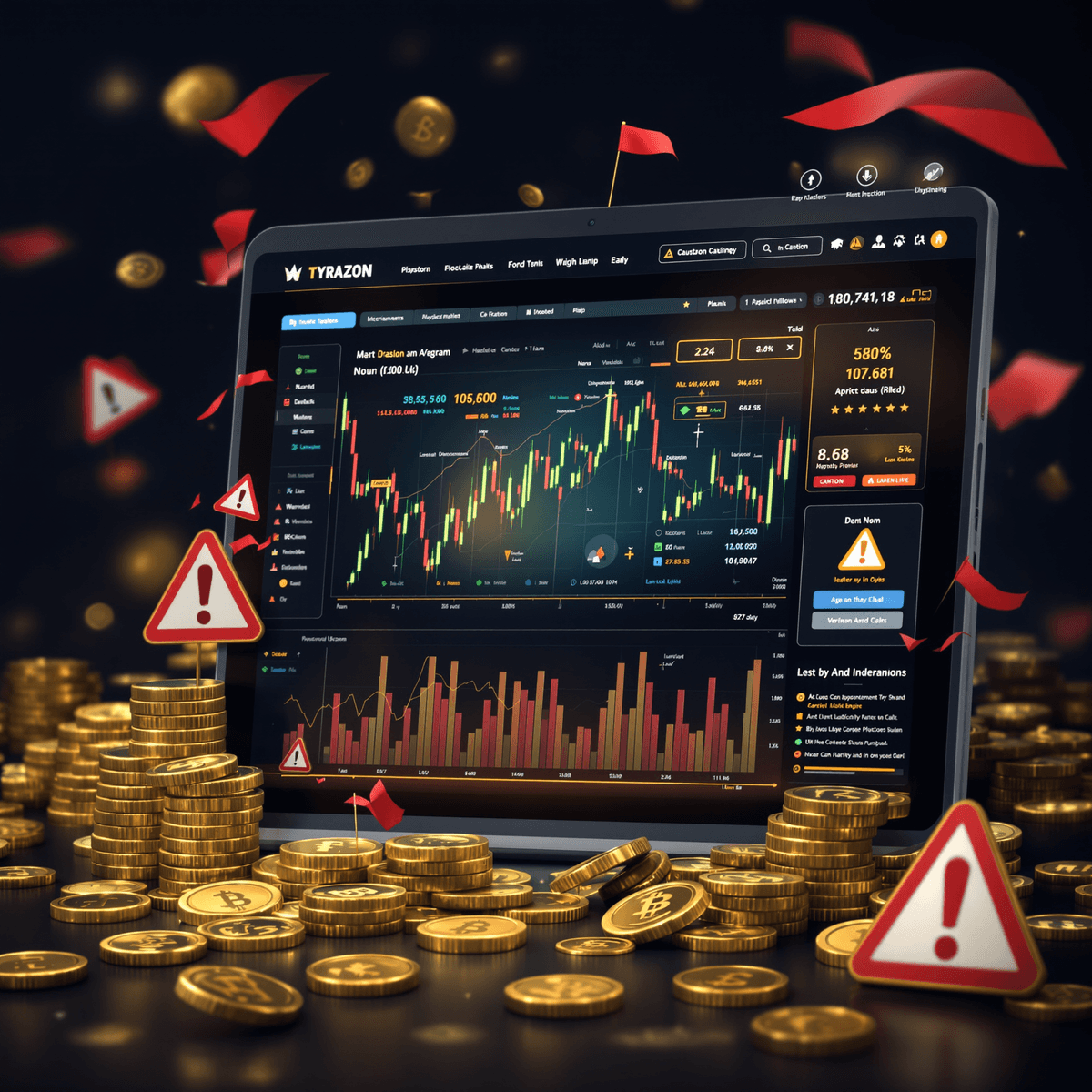 A digital cryptocurrency trading platform interface featuring sleek graphics, warning signs, and a subtle background of coins and blockchain patterns.