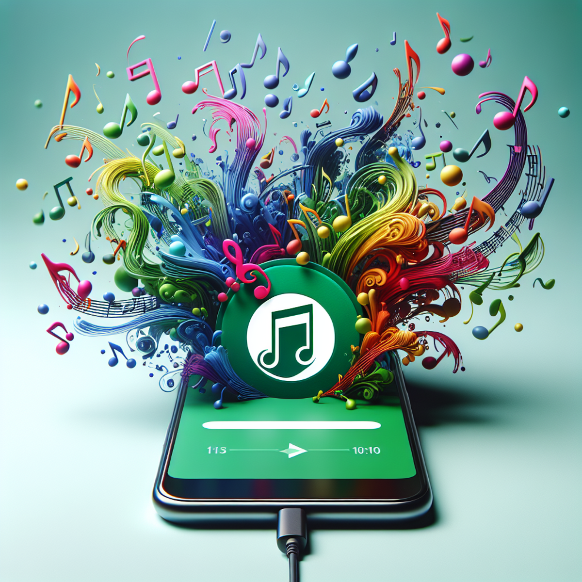 Vibrant music notes swirling around a green circular music app logo displayed on a smartphone screen.