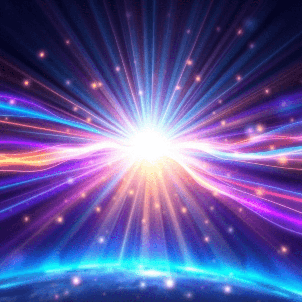 Vibra como si ya Io tuvieras y asi será 2 Olas de energía abstractas y brillantes en tonos azules, morados y dorados irradian hacia arriba, simbolizando vibraciones positivas y la ley de la atracción.