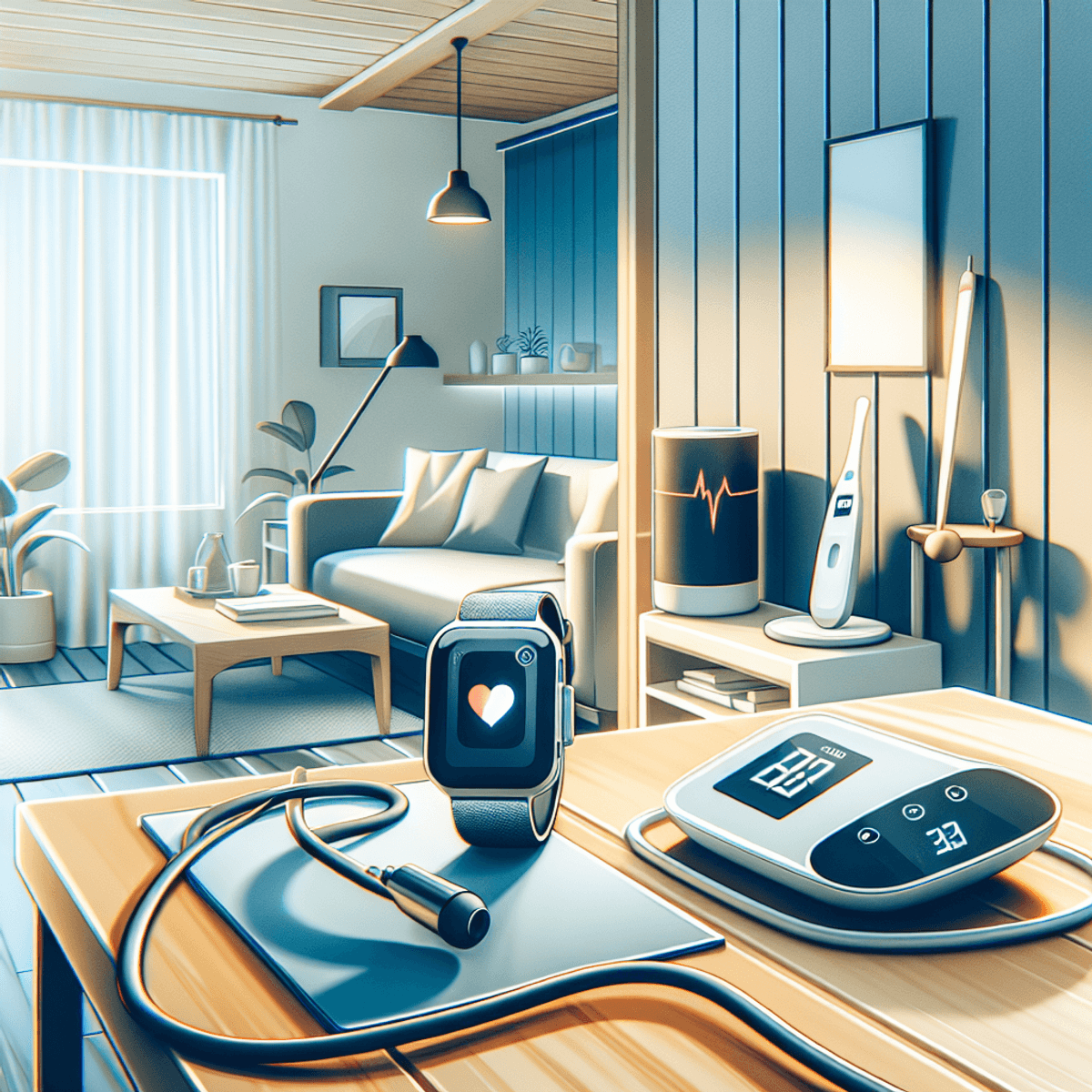 A digital art representation of various home health devices, such as a smartwatch, thermometer, and blood pressure cuff, against a modern background.