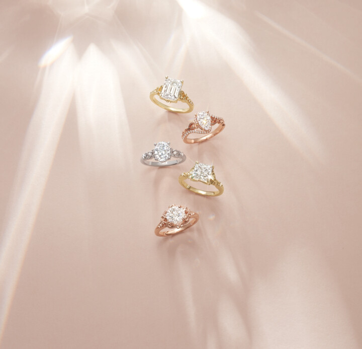 Different sizes and shapes of diamond engagement rings