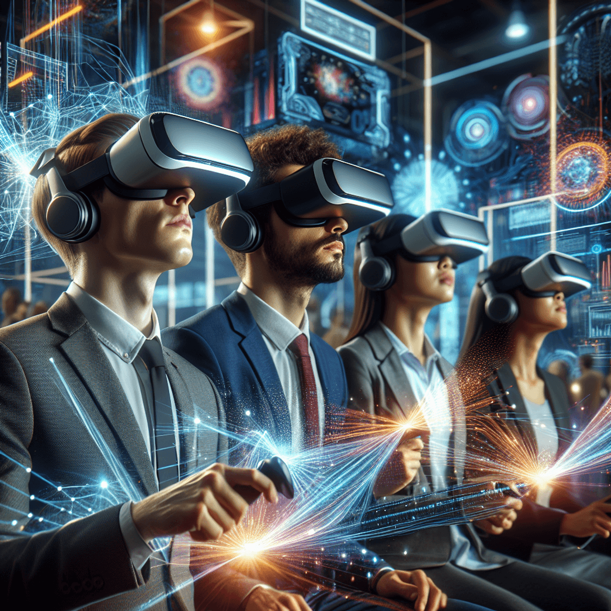A Caucasian male, Hispanic male, and Asian female are fully engaged in a virtual reality experience at a technology conference. Each person is wearing a VR headset, with expressions of awe and concentration. They are surrounded by futuristic displays and vibrant digital graphics that create an immersive atmosphere filled with innovation and excitement. The setting showcases advanced technology, emphasizing the cutting-edge nature of the event.