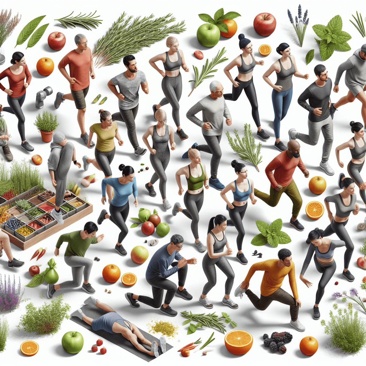 Disha Arogya Dham Ferti-M 7 A diverse group of men and women engaging in outdoor exercise, including running, stretching, and yoga, surrounded by herbs like rosemary, mint, and basil, along with assorted fruits such as apples, oranges, and berries, all set in a natural environment that emphasizes vitality and well-being.