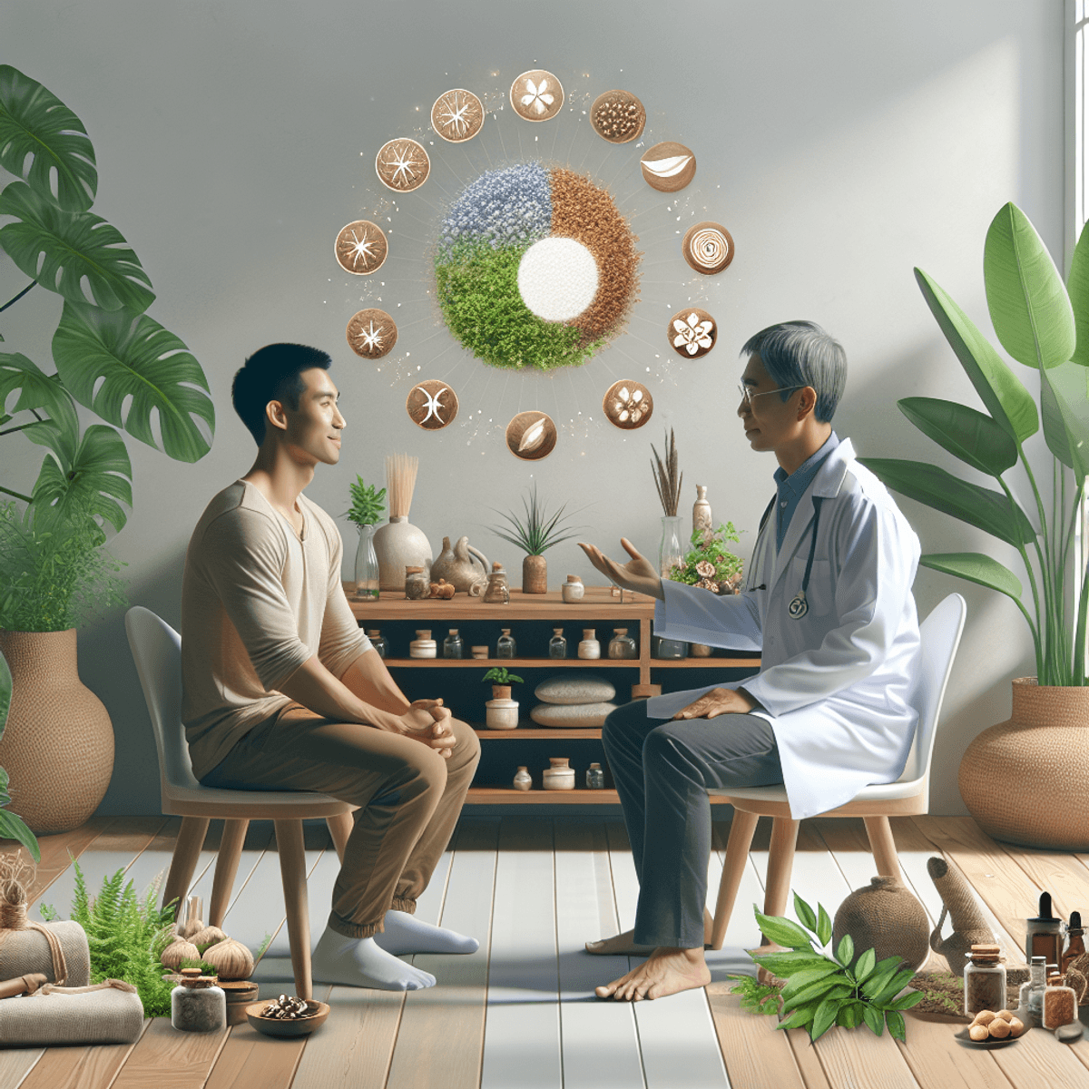 Disha Arogya Dham Ferti-M 4 A serene wellness center featuring an Asian male wellness expert and a Caucasian male client engaged in a thoughtful conversation about Ayurvedic practices. The room is filled with lush, thriving plants and calming decor items like candles, crystals, and soft textiles, creating a tranquil atmosphere that emphasizes holistic health. Natural light filters through large windows, enhancing the peaceful ambiance of the space.