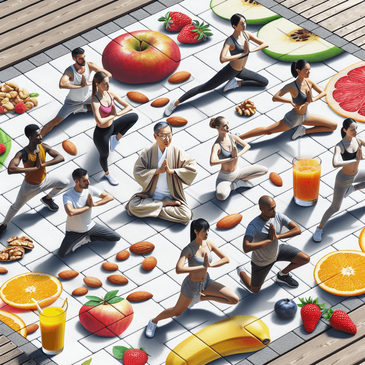 Disha Arogya Dham Ferti-M 8 A vibrant outdoor scene featuring a diverse exercise class, with an East Asian man leading a yoga session. Hispanic and Caucasian women are engaged in synchronized movements alongside Black and Middle-Eastern men participating in the class. The area is adorned with fresh fruits such as strawberries, apples, and oranges scattered around, along with natural ingredients like almonds and walnuts, emphasizing a theme of vitality and health in a serene natural setting.