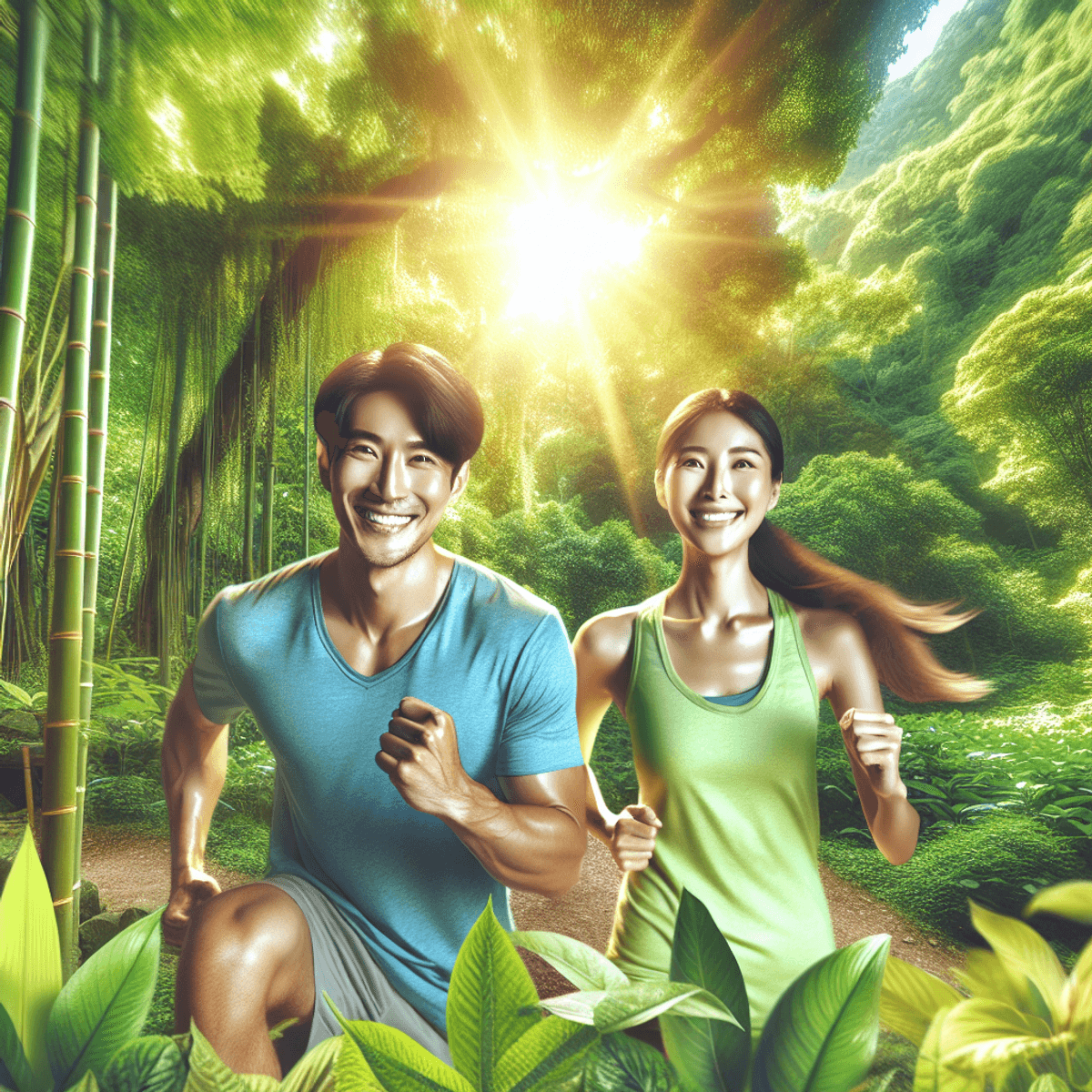 Disha Arogya Dham Ferti-M 3 A healthy and energetic East Asian man and woman are joyfully engaged in outdoor activities, surrounded by vibrant green foliage. They radiate happiness as warm sunlight bathes the scene, enhancing the atmosphere of vitality and wellness.