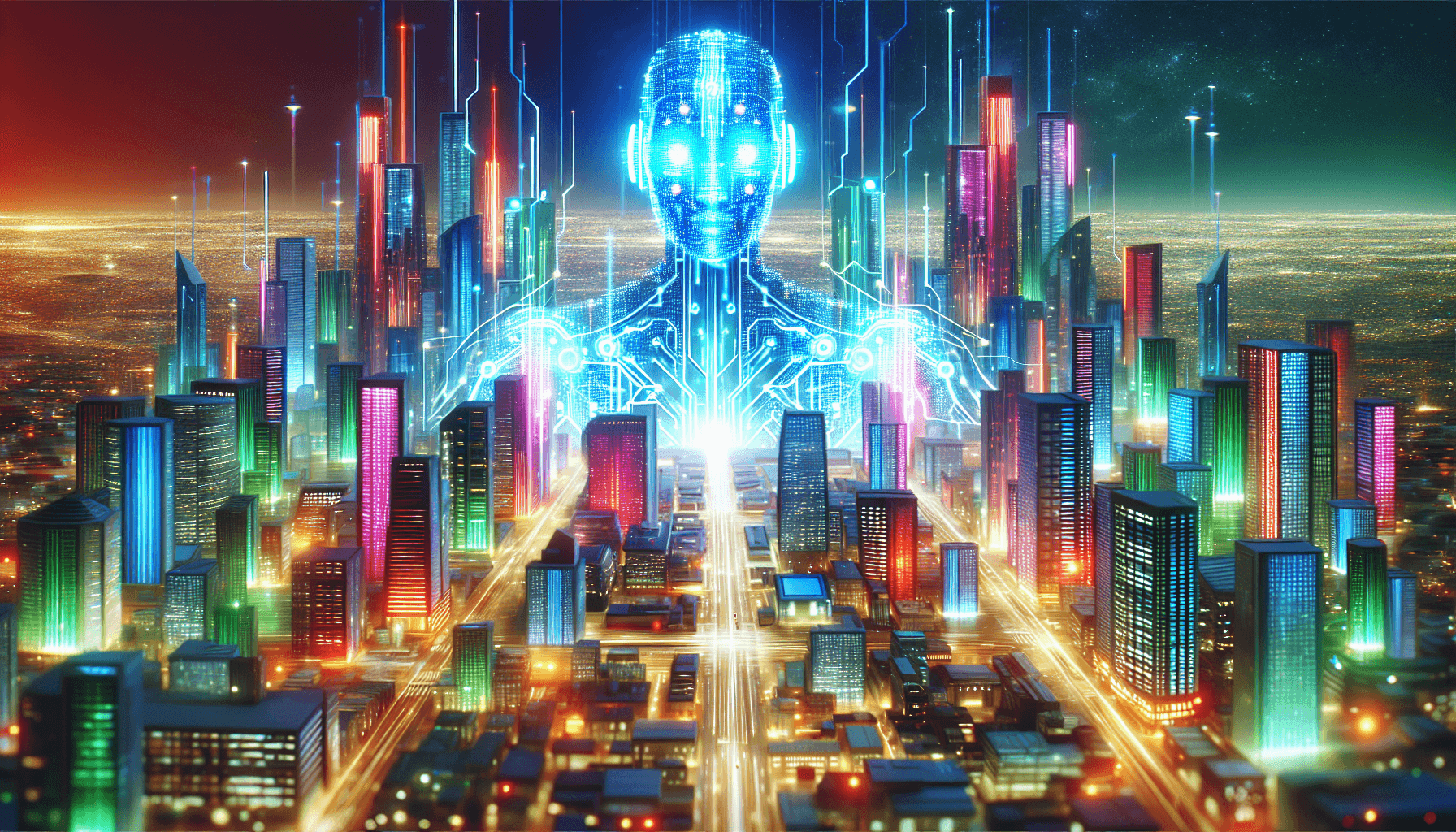 A futuristic cityscape with a giant, glowing humanoid bot at its center.