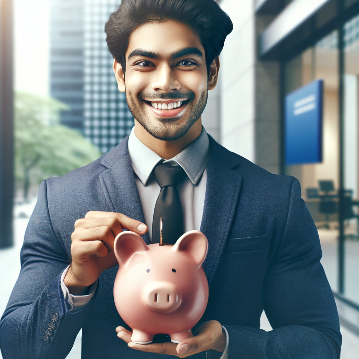 A South Asian man in formal attire cheerfully holds a piggy bank in front of a secure financial institution, symbolizing financial security and smart choices.