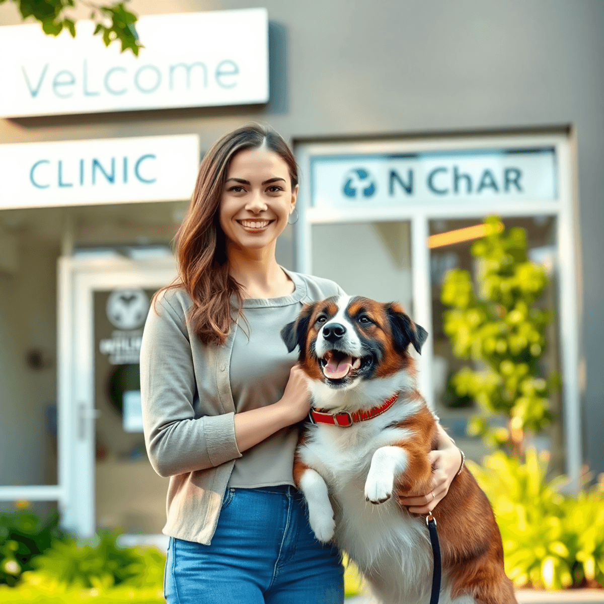 A smiling woman stands outside a modern veterinary clinic with her playful dog. The clean exterior features a welcoming sign and lush greenery, creating a friendly atmosphere.