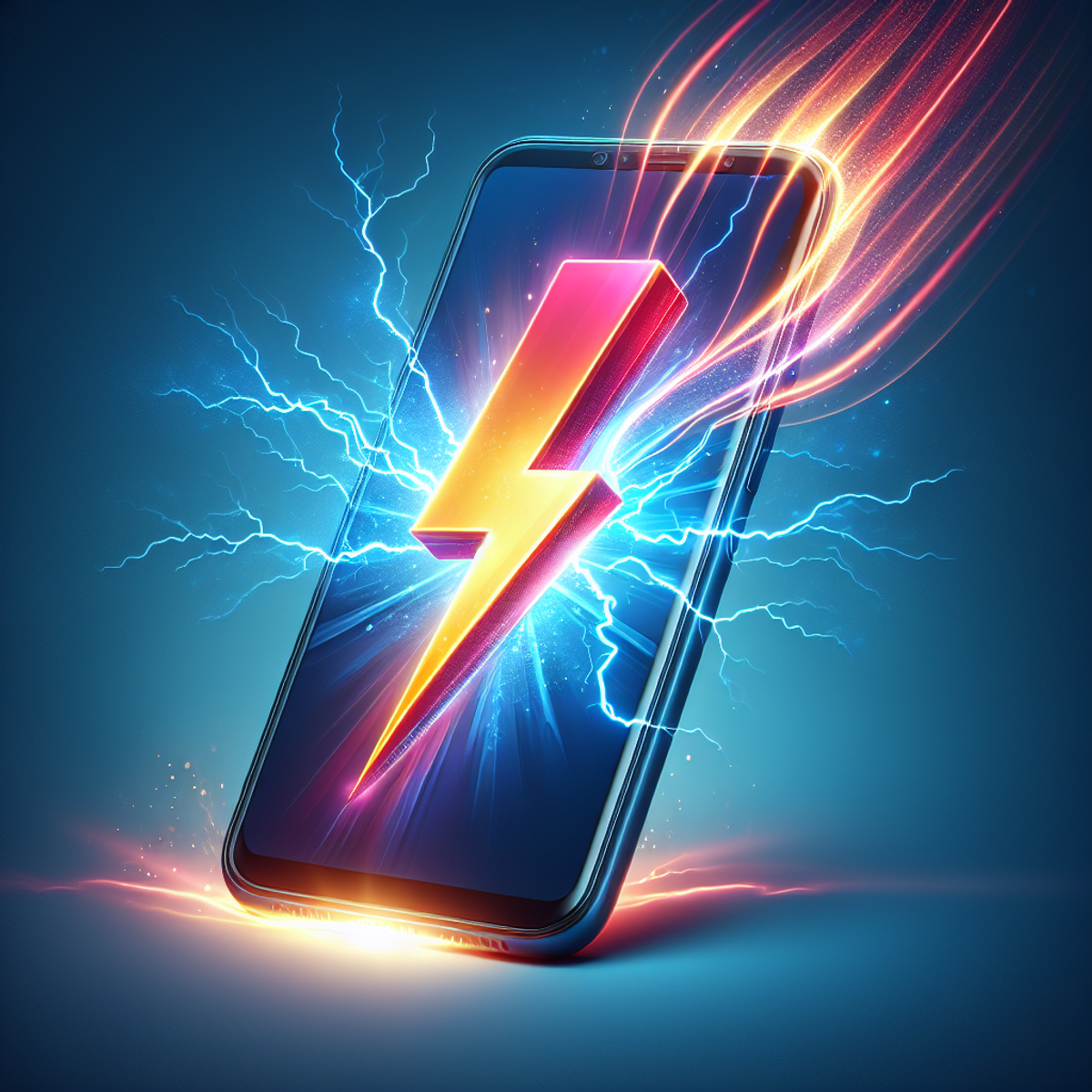 A smartphone with a lightning bolt symbol on the screen, surrounded by a radiant glow.