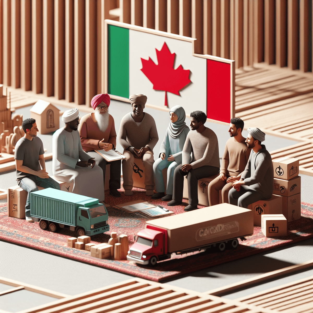 A diverse group of South African men and Algerian women immigrants engaged in a discussion at a community center with warm wooden tones and textiles. They are surrounded by symbols representing job opportunities, including a small green freight delivery truck for driving jobs and a red medical box with a white cross for caregiving roles. The atmosphere conveys support and resources for newcomers.