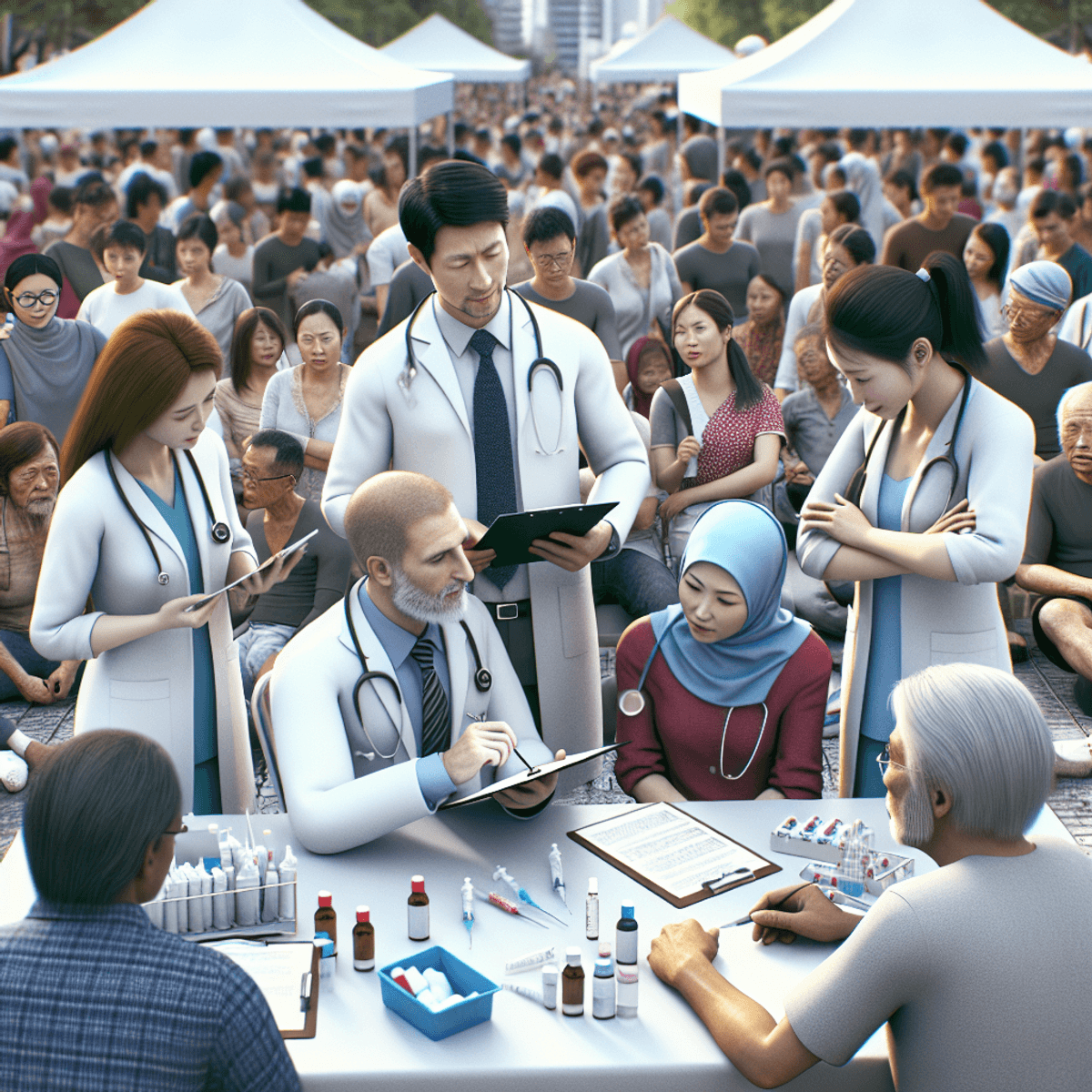 Organize Free Camp at Your Clinic 5 A vibrant outdoor scene depicting a diverse group of healthcare professionals, including a Caucasian doctor and an Asian nurse, actively engaging with a varied crowd at a free health camp. Tents are set up in the background, filled with medical supplies. The atmosphere is supportive and welcoming as people of different ages and ethnicities receive healthcare assistance, showcasing the spirit of community health outreach.