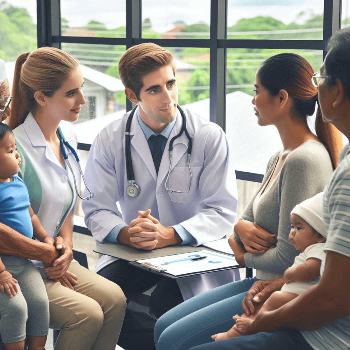 Organize Free Camp at Your Clinic 6 A group of skilled healthcare professionals, including a Caucasian doctor and an Asian female nurse, are interacting with a Hispanic family in a community clinic. The doctor is showing empathy while discussing health concerns with the family, which includes a baby, a parent, and an elderly grandparent. The nurse is providing care and advice, creating a warm and supportive atmosphere. The scene reflects equal access to healthcare services in a multicultural society, emphasizing collaboration and community health support.