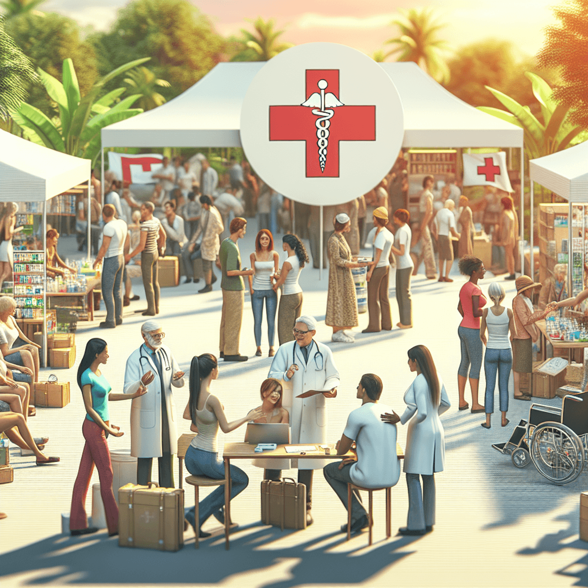 Organize Free Camp at Your Clinic 3 A diverse group of individuals, including Caucasian women and Hispanic men, collaborate at an open-air health camp surrounded by greenery. They engage with attendees, sharing health knowledge while setting up colorful stalls. Prominent health symbols like the Caduceus and Red Cross are visible, alongside various medical tools such as a stethoscope and wheelchair, creating a vibrant and inviting atmosphere focused on health awareness.