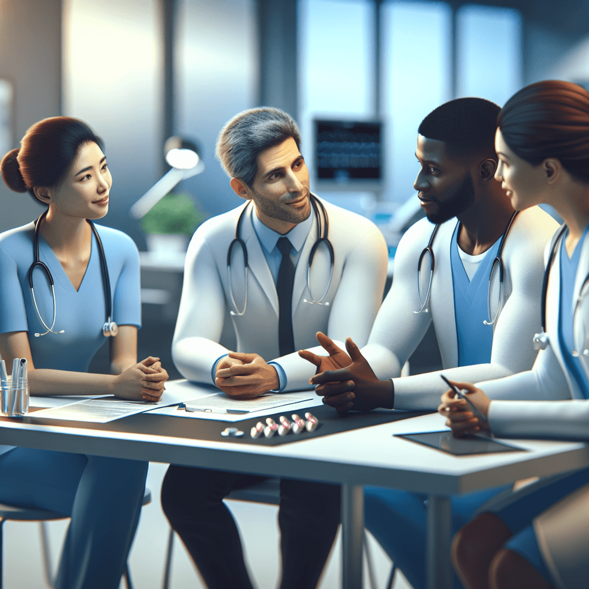 Organize Free Camp at Your Clinic 4 A Caucasian male doctor, a Black female nurse, a Hispanic male radiologist, and a Middle-Eastern female pharmacist are engaged in a discussion about follow-up care plans in a brightly lit clinic. They are dressed in professional medical attire, showcasing caring expressions as they collaborate amidst modern medical equipment, signifying teamwork and a shared commitment to patient well-being. The environment emphasizes community health without any text or symbols present.