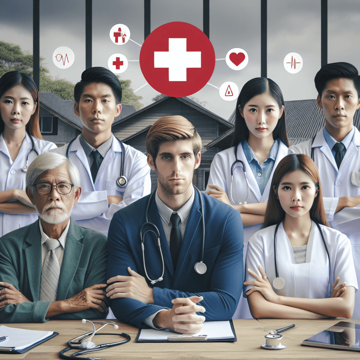 Organize Free Camp at Your Clinic 2 A Caucasian male doctor and an Asian female nurse discuss plans for a free health camp in a community center, surrounded by health service symbols like a red cross, heart, and stethoscope, reflecting a commitment to public health.